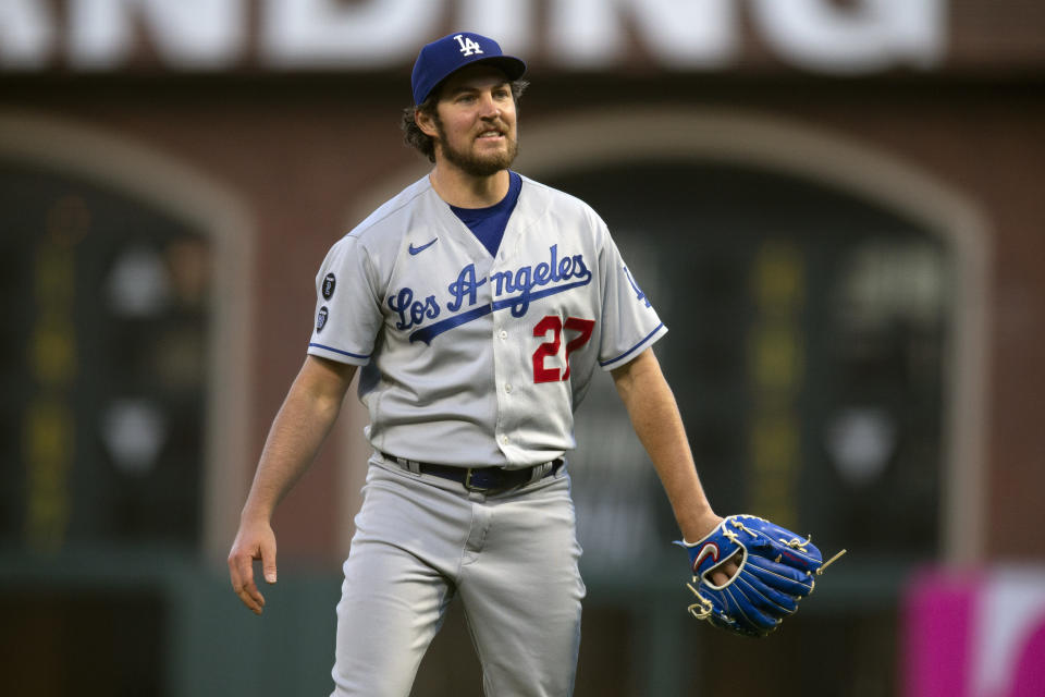 Los Angeles Dodgers starting pitcher Trevor Bauer reacts to a pitch call during the fourth inning of the team's baseball game against the San Francisco Giants, Friday, May 21, 2021, in San Francisco. (AP Photo/D. Ross Cameron)