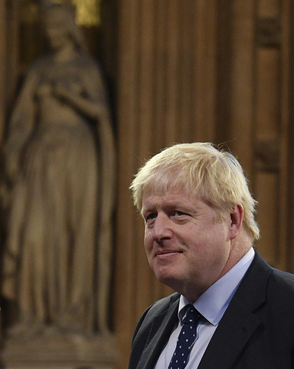 Britain's Prime Minister Boris Johnson attends the official State Opening of Parliament in London, Monday Oct. 14, 2019. (Daniel Leal-Olivas/Pool via AP)