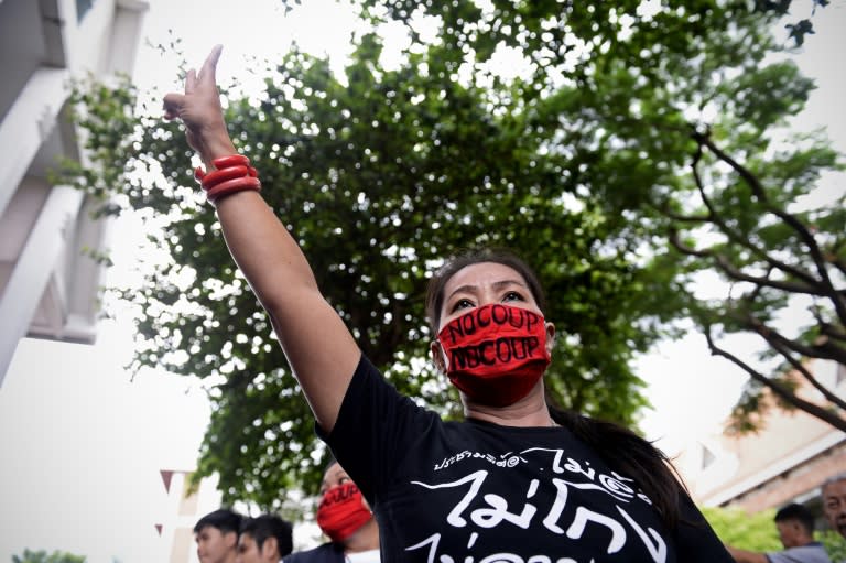 An anti-junta protester protests against military rule on the second anniversary of Thailand's military coup in Bangkok on May 22, 2016