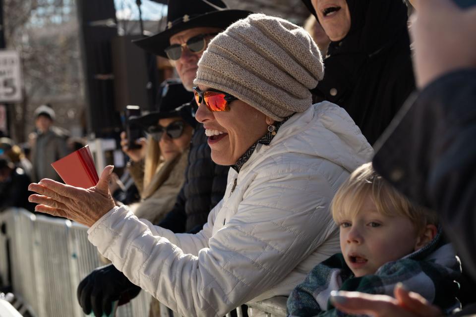 Attendees cheer during a skijoring event, part of the Salt Lake Winter Roundup, on West Temple in downtown Salt Lake City on Saturday, Feb. 10, 2024. | Megan Nielsen, Deseret News