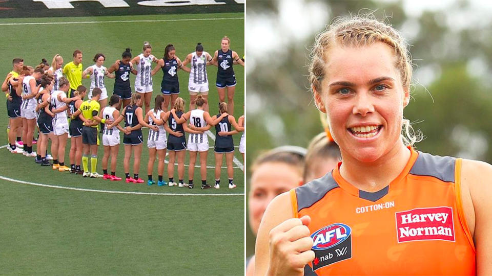 Seen here, the minute's silence that Carlton and Collingwood players held for late AFLW star Jacinda Barclay.