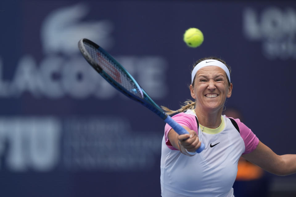 Victoria Azarenka plays a ball from Yulia Putintseva, of Kazakhstan, in their women's singles quarterfinal match at the Miami Open tennis tournament, Tuesday, March 26, 2024, in Miami Gardens, Fla. (AP Photo/Rebecca Blackwell)