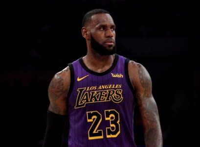 Nov 14, 2018; Los Angeles, CA, USA; Los Angeles Lakers forward LeBron James (23) takes a breather against the Portland Trail Blazers during the second half at Staples Center. Mandatory Credit: Kirby Lee-USA TODAY Sports