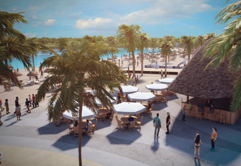 En la parte baja estará la zona de eventos, el almacén, los aseos, los jardines y la laguna. Ambos niveles estarán unidos por la playa de arena, que tendrá una pendiente del 2%. (Foto: <a href="http://www.aloverabeach.com/" rel="nofollow noopener" target="_blank" data-ylk="slk:Alovera Beach;elm:context_link;itc:0;sec:content-canvas" class="link ">Alovera Beach</a>).