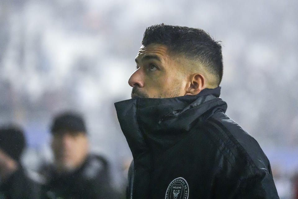 Inter Miami forward Luis Suarez leaves the pitch during the second half of a preseason friendly MLS soccer match against FC Dallas, Monday, Jan. 22, 2024, at the Cotton Bowl in Dallas. FC Dallas won 1-0. (AP Photo/Julio Cortez)