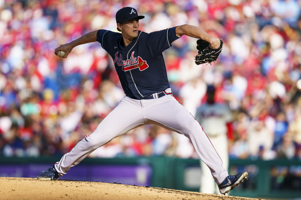 Atlanta Braves starting pitcher Kyle Wright throws during the second inning of a baseball game against the Philadelphia Phillies, Saturday, Sept. 24, 2022, in Philadelphia. (AP Photo/Chris Szagola)