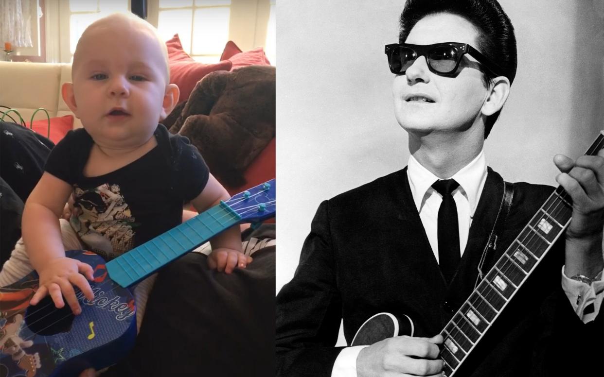 The ten-month-old grandson of Roy Orbison, named Roy III, and Roy himself. - David Farrell/Redferns