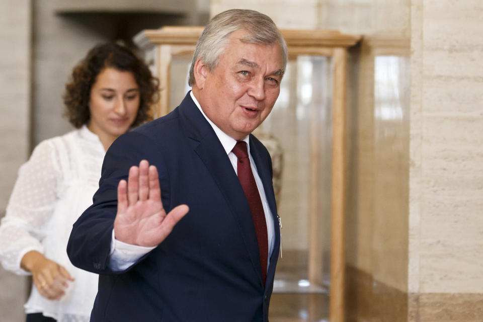 Russia's special envoy on Syria Alexander Lavrentiev arrives for consultations on Syria, at the European headquarters of the United Nations in Geneva, Switzerland, Tuesday, Sept. 11, 2018. Representatives of Russia, Turkey and Iran, meet with the UN Special Envoy of the Secretary-General for Syria to discuss the situation in Syria. (Salvatore Di Nolfi/Keystone via AP)