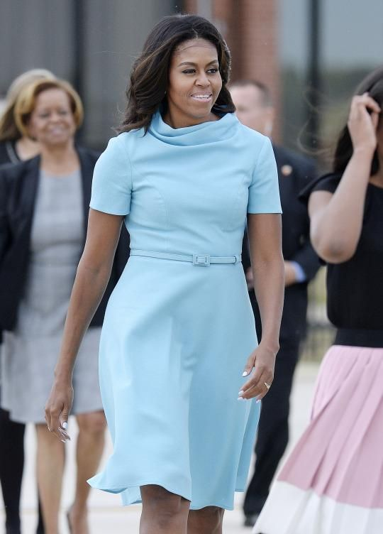 Michelle Obama in Carolina Herrera to greet the Pope at Joint Base Andrews in Maryland.