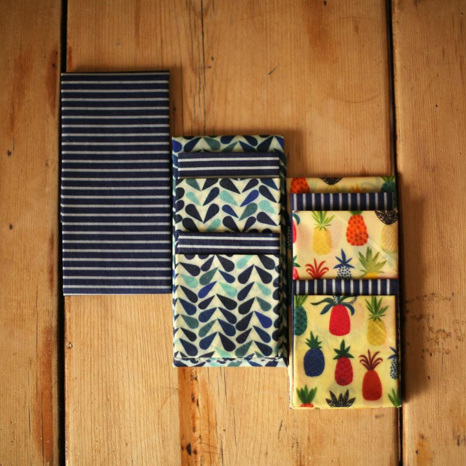 <p>Swap cling film for beeswax wraps. They are perfect for fruit, veg, bread and bowls of leftovers. You simply warm the wax up with your hands and they mould around anything. </p><p><a class="link " href="https://www.beeswaxwraps.co.uk/shop" rel="nofollow noopener" target="_blank" data-ylk="slk:BUY NOW, from £10, The Beeswax Wrap Co.;elm:context_link;itc:0;sec:content-canvas">BUY NOW, from £10, The Beeswax Wrap Co.</a></p>