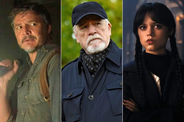<p>HBO; David Russell/HBO; Vlad Cioplea/Netflix </p> Pedro Pascal in 'The Last of Us,' Brian Cox in 'Succession,' and Jenny Ortega in 'Wednesday'