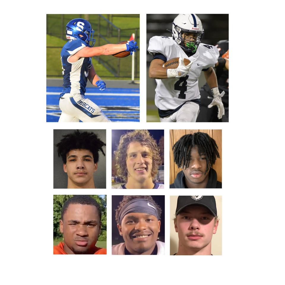 District 10's Region Football Players of the Year, as selected by region coaches, are, top row, from left: Seneca's Ryan Miller (co-Region 2), McDowell's Artis Simmons (Region 6); second row: Reynolds' Jalen Wagner (Region 1), Eisenhower's Benji Bauer (co-Region 2), Farrell's Kylon Wilson (co-Region 3); third row: Sharon's Jayveerh White (co-Region 3), Meadville's Khalon Simmons (Region 4) and Fort LeBoeuf's Justin Leuschen (Region 5).