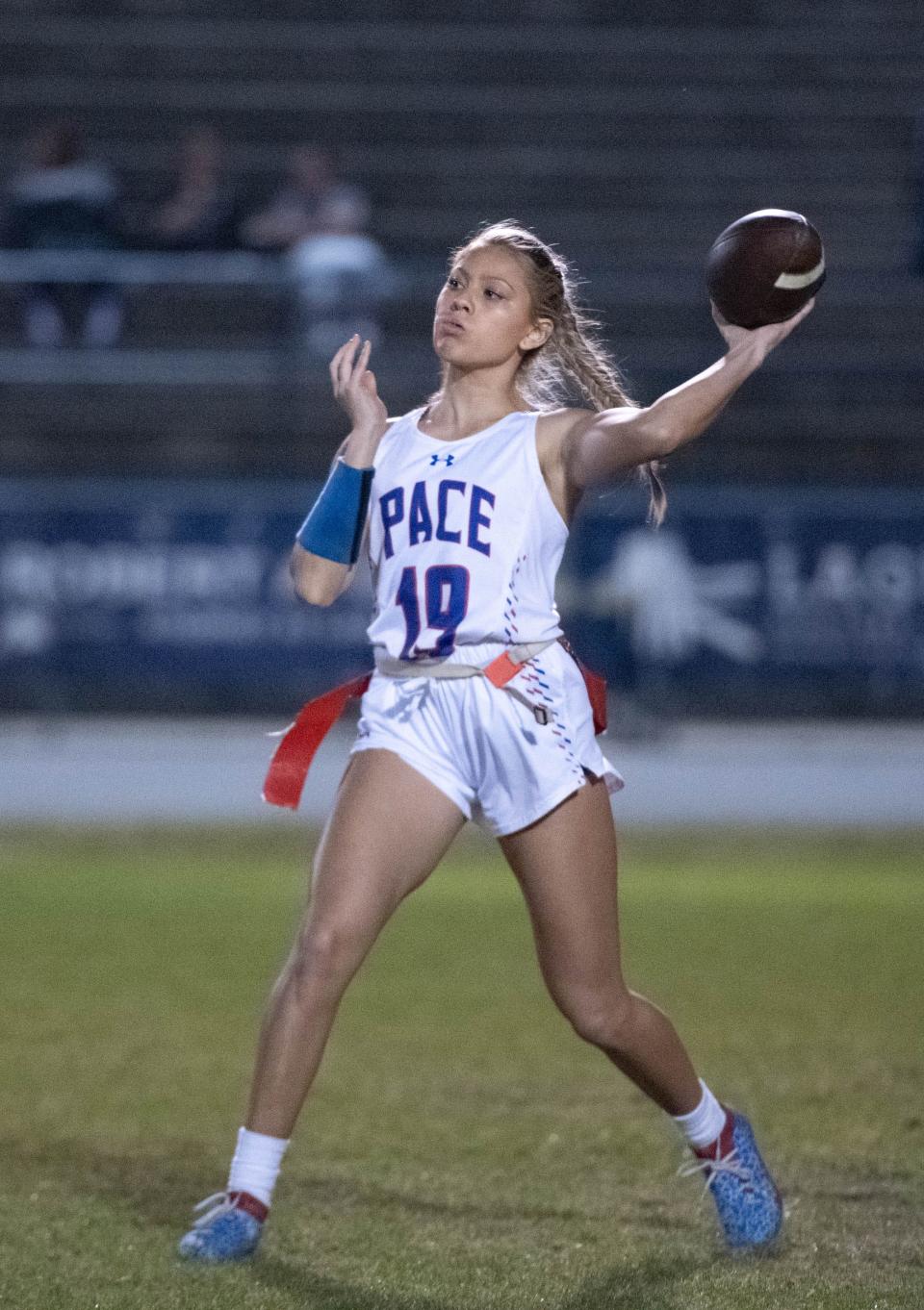 Quarterback Amaya Pablo (19) passes during the Pace vs Gulf Breeze flag football at Gulf Breeze High School on Wednesday, March 22, 2023.