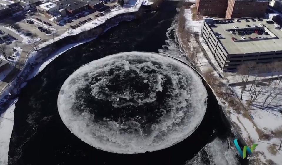 The ice disc appeared in the middle of the Prescumpscot River in Westbrook, Maine (City of Westbrook)