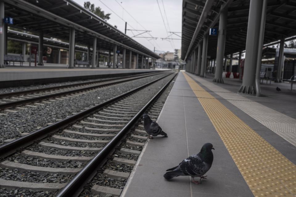 Pigeons stand on a platform at a train station during a strike in Athens, Greece, Thursday, March 2, 2023. Railway workers' associations called strikes that halted national rail services and the subway in Athens on Thursday, to protest working conditions and what they describe as a lack of modernization of the Greek rail system. (AP Photo/Petros Giannakouris)