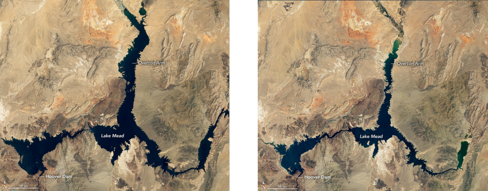 Lake Mead on the Nevada-Arizona border in August 2000 (left) and August 2021 (right). The southwest is in the 22nd year of a megadrought.  NASA