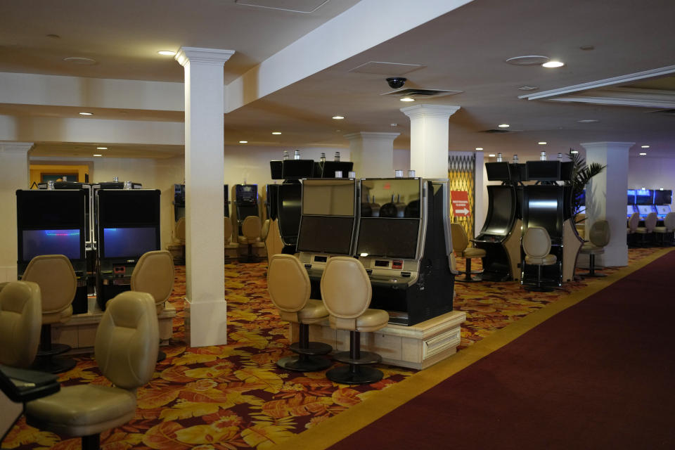 Shut down slot machines adorn the casino floor in preparation for closing the Tropicana hotel-casino Friday, March 29, 2024, in Las Vegas. Known for its constant reinvention, Las Vegas will lose yet another jewel of its past on Tuesday, April 2, 2024, when the Strip’s third-oldest casino, Tropicana Las Vegas, closes its doors for good. (AP Photo/John Locher)