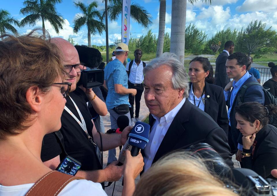 Antonio Guterres talks to reporters outside Kendal Isaacs Gymnasium, which is serving as an evacuation centre, in Nassau, Bahamas (REUTERS)