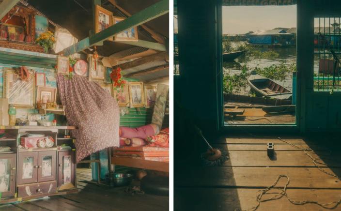 Left, an interior of a floating home; right, a view of Kampong Luong floating village (1854 x WaterAid: Once Beating Heart/Calvin Chow 2022)