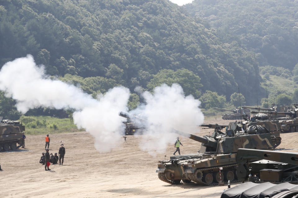 A South Korean army K-9 self-propelled howitzer fires during the annual exercise in Paju, South Korea, near the border with North Korea, Tuesday, June 23, 2020. A South Korean activist said Tuesday hundreds of thousands of leaflets had been launched by balloons across the border with North Korea overnight, after the North repeatedly warned it would retaliate against such actions. (AP Photo/Ahn Young-joon)