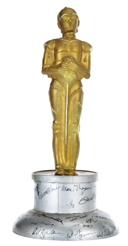 The ‘Star Wars’ franchise won a bundle of Oscars and other awards for its special effects and groundbreaking technological work, but no trophy could compare to this one-of-a-kind C-3PO statuette. This incredible artifact was presented to visual effects master Brian Johnson after he left ILM following ‘The Empire Strikes Back.’ It’s signed by over 30 ILM crew members, too, including the legendary Joe Johnston. You’ll have to pony up $15,000-20,000 for this guy. (Profiles in History)