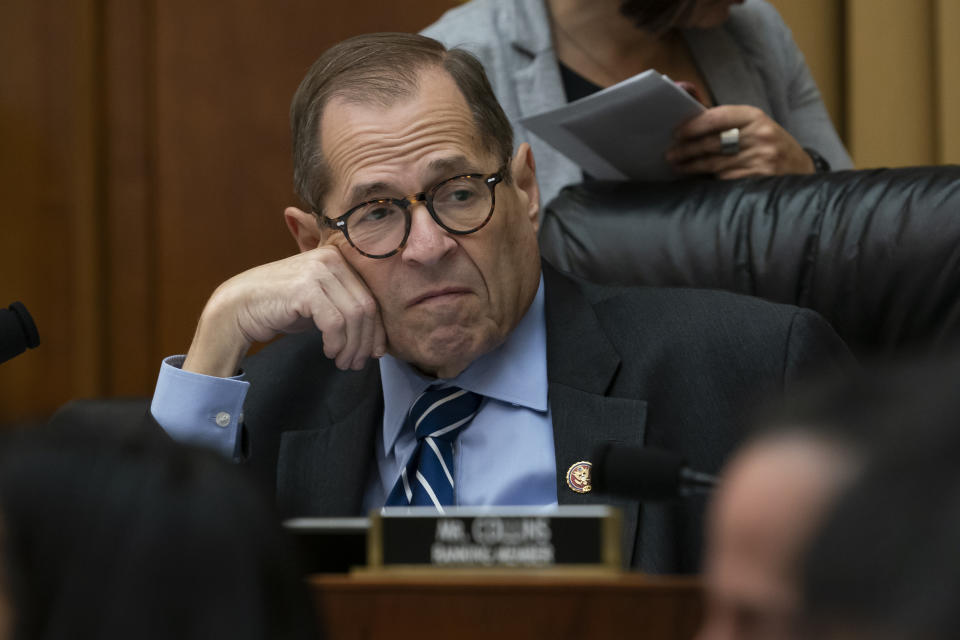 In this Sept. 12, 2019 photo, House Judiciary Committee Chairman Jerrold Nadler, D-N.Y., makes preparations for his panel's first impeachment-related vote as he defines procedures for upcoming investigations on President Donald Trump, on Capitol Hill in Washington. (AP Photo/J. Scott Applewhite)