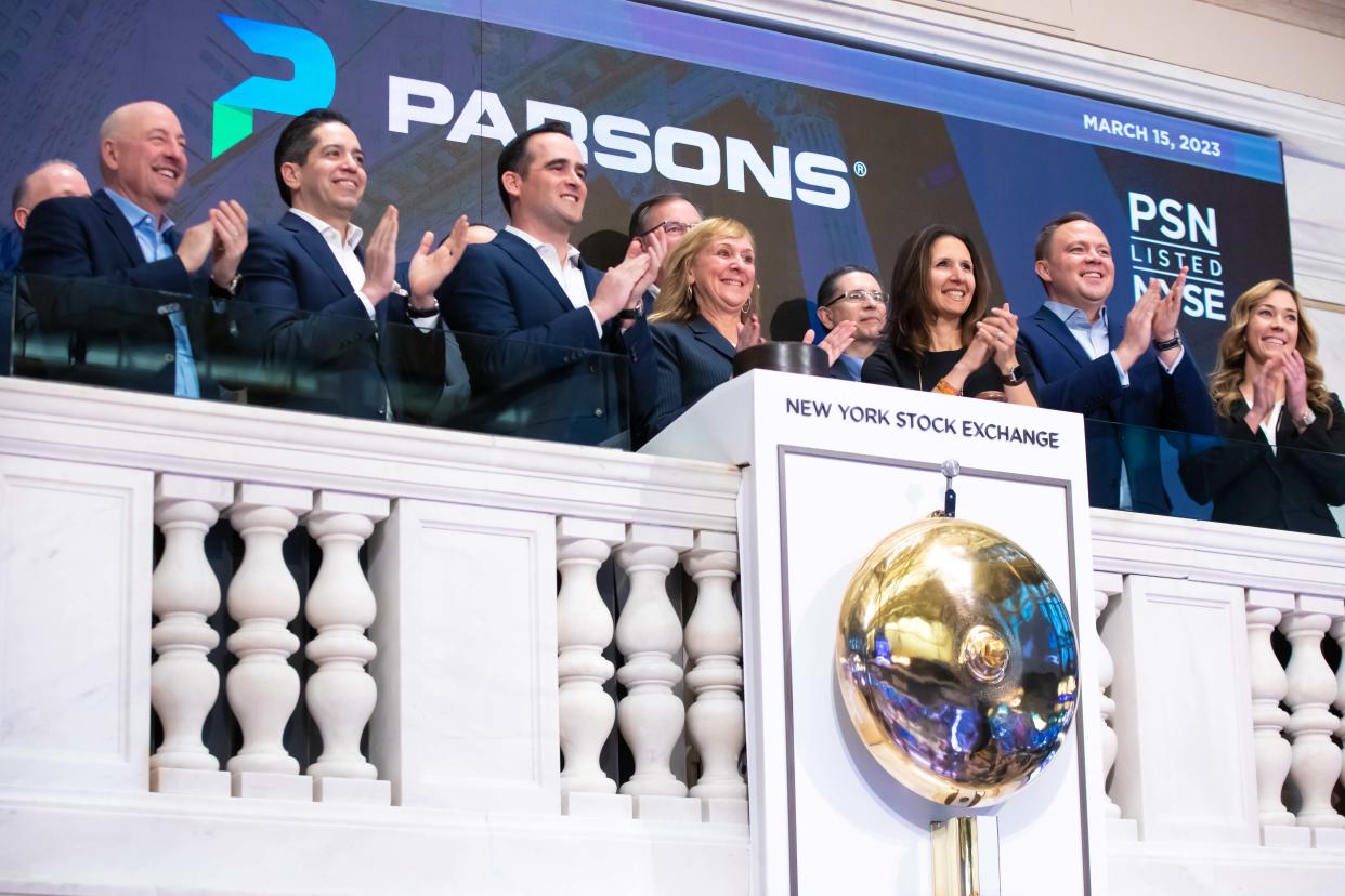 Carey Wurgler Smith, center with blonde hair, rang the closing bell for the New York Stock Exchange on Wednesday in New York City. Smith, a Marlington High School graduate, is president and CEO of Parsons Corporation, and the company was celebrating its 2023 Investor Day on Wednesday.