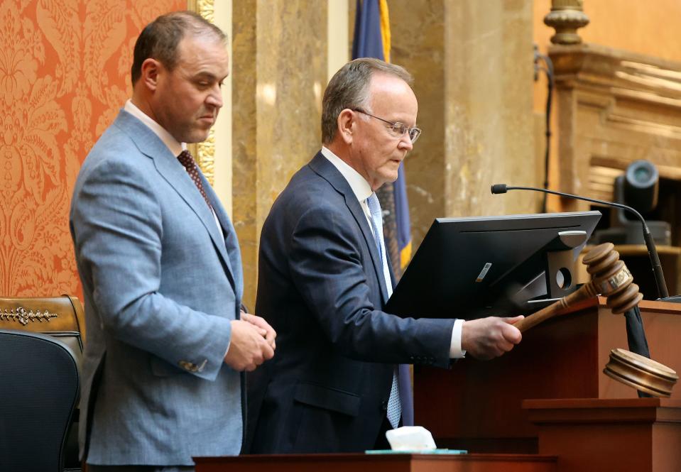 House Speaker Mike Schultz, R-Hooper, watches Senate President Stuart Adams, R-Layton, strike the gavel at the start of the State of the Judiciary in the House chamber at the Capitol in Salt Lake City on Tuesday, Jan. 16, 2024. | Kristin Murphy, Deseret News