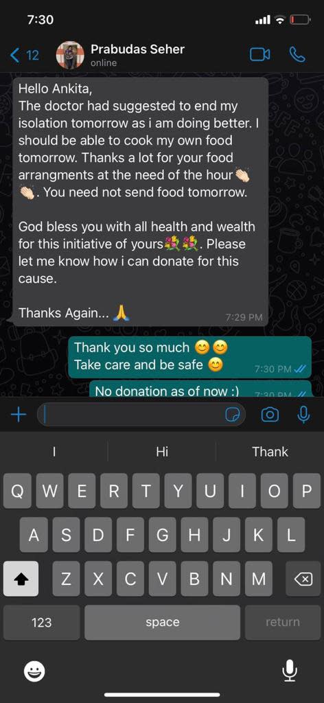 A recovered patient sent a message to Ankita over WhatsApp expressing his gratitude for the home-cooked meals