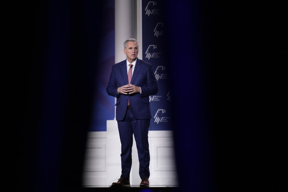 FILE - House Minority Leader Kevin McCarthy, of Calif., speaks at an annual leadership meeting of the Republican Jewish Coalition, Nov. 19, 2022, in Las Vegas. (AP Photo/John Locher, File)