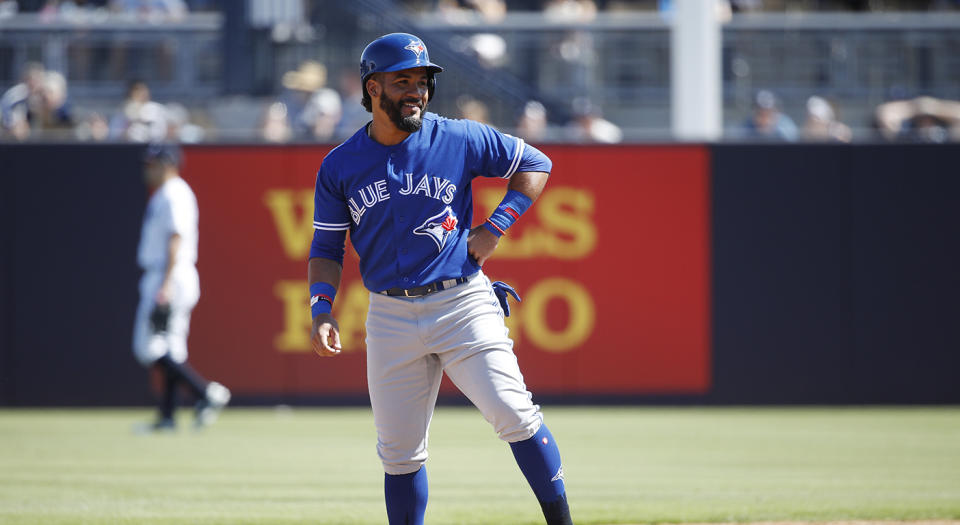 TAMPA, FL - FEBRUARY 25: Devon Travis #29 of the Toronto Blue Jays looks on during a Grapefruit League spring training game against the New York Yankees at Steinbrenner Field on February 25, 2019 in Tampa, Florida. The Yankees won 3-0. (Photo by Joe Robbins/Getty Images)