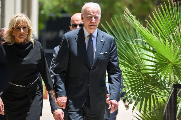 President Joe Biden and first lady Jill Biden leave Sacred Heart Catholic Church after attending mass in Uvalde, Texas, on May 29, 2022. (Photo: MANDEL NGAN via Getty Images)