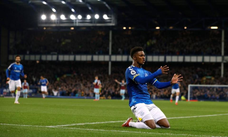 Demarai Gray celebrates after scoring Everton’s third goal within six second-half minutes.