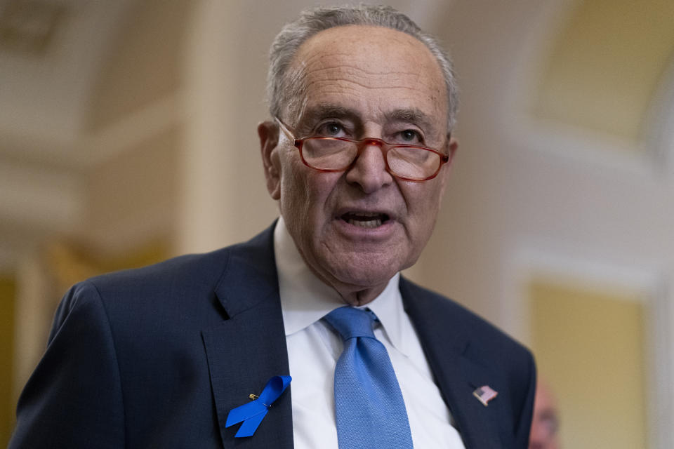 Senate Majority Leader Chuck Schumer, D-N.Y. speaks to media after a Senate policy luncheon, Tuesday, Oct. 17, 2023, on Capitol Hill in Washington. (AP Photo/Stephanie Scarbrough)