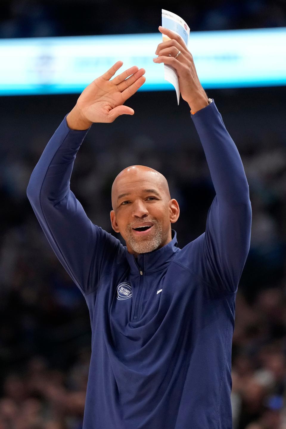 Pistons coach Monty Williams signals for a timeout during the first half against the Mavericks on Friday, April 12, 2024, in Dallas.
