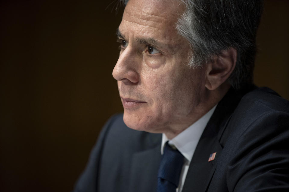 FILE - Secretary of State Antony Blinken testifies during a Senate Foreign Relations committee hearing, April 26, 2022, on Capitol Hill in Washington. (Al Drago/Pool Photo via AP, File)