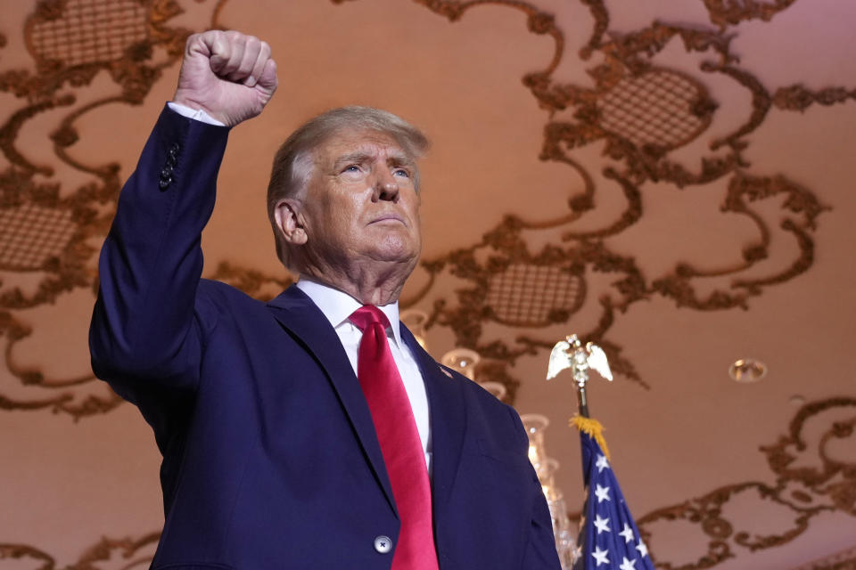 FILE - Former President Donald Trump stands on stage after announcing a third run for president as he speaks at Mar-a-Lago in Palm Beach, Fla., Nov. 15, 2022. Trump is planning to hold the first public campaign event of his 2024 White House bid in the early-voting state of South Carolina. (AP Photo/Andrew Harnik, File)
