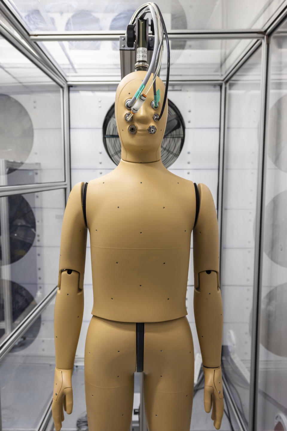 This May 5, 2023, image provided by Arizona State University shows the university's special thermal mannequin in the "warm room" at the Human Biometeorology Lab in Tempe, Ariz. (Christopher Goulet/ASU via AP)
