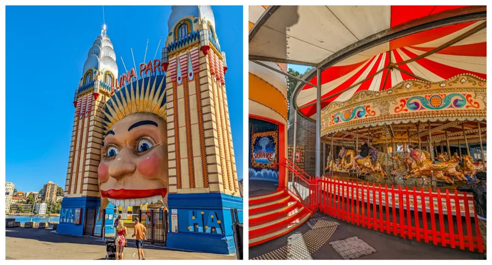 The colorful entrance to Luna Park, as well as the colorful carousel.