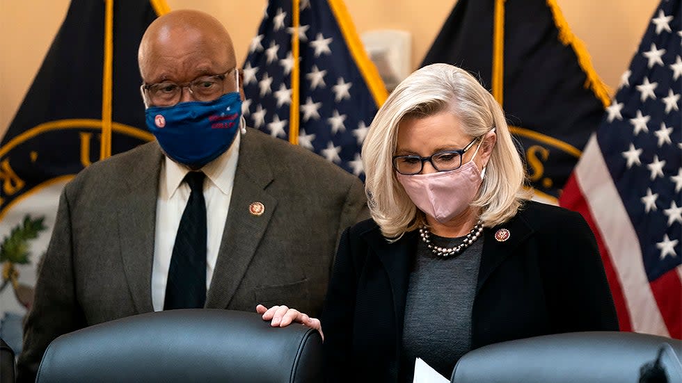 Reps. Bennie Thompson (D-Miss.) and Liz Cheney (R-Wyo.) are seen after a business meeting of the Jan. 6 House Select Committee on Wednesday, December 1, 2021 to consider Jeffrey Clark in contempt of Congress.