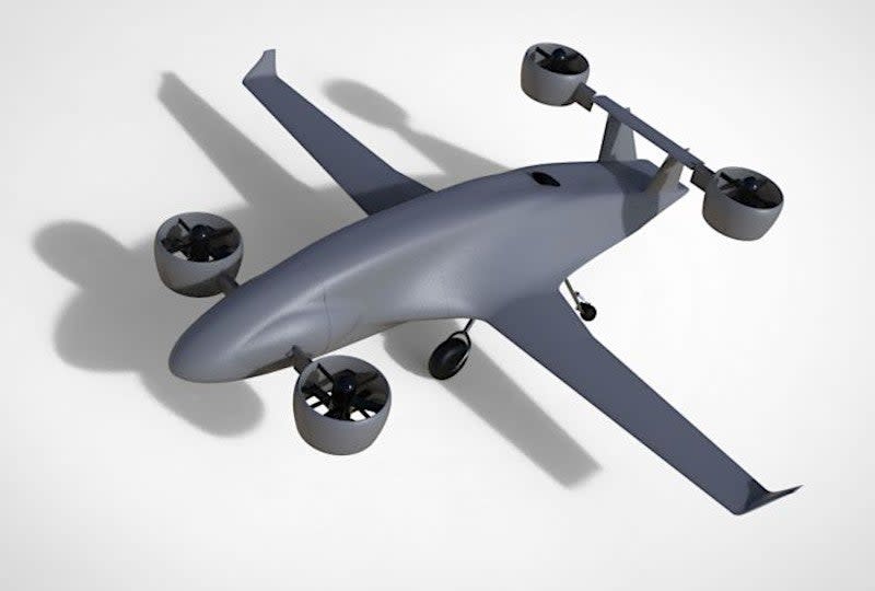 A rendering of a vertical takeoff and landing Sabrewing Rhaegal drone configured to carry cargo. California-based Sabrewing Aircraft is developing this aircraft with support from the Air Force through an advanced technology maturation initiative known as Agility Prime. <em>Sabrewing Aircraft</em>