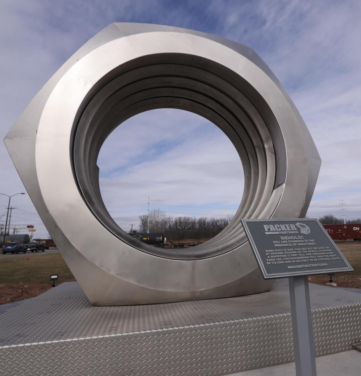 A 12-feet-tall hex nut on Tuesday, March 19, 2024, at Packer Fastener in Ashwaubenon, Wis.