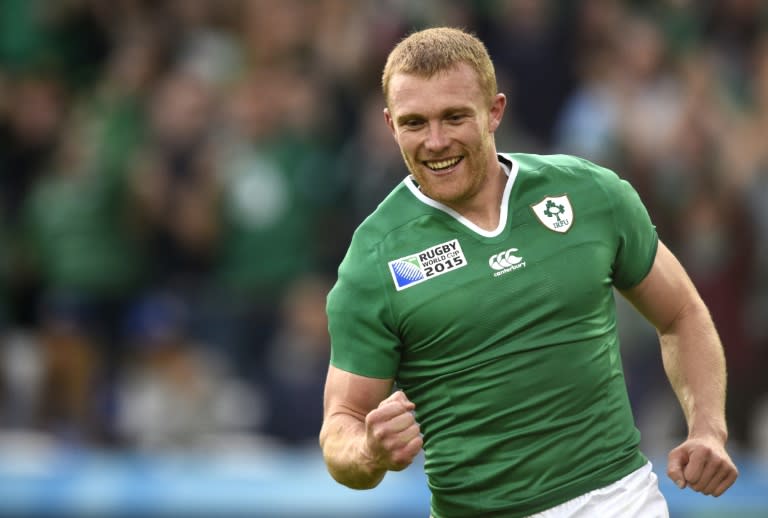 Ireland's centre Keith Earls celebrates after scoring the first try during a Pool D match of the 2015 Rugby World Cup against Italy at the Olympic Stadium, east London, on October 4, 2015