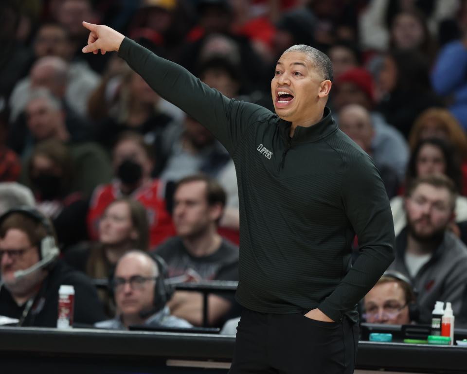 Los Angeles Clippers coach Tyronn Lue gives instructions from the sideline during the first half of the team's NBA basketball game against the Portland Trail Blazers in Portland, Ore., Tuesday, Nov. 29, 2022. (AP Photo/Steve Dipaola)