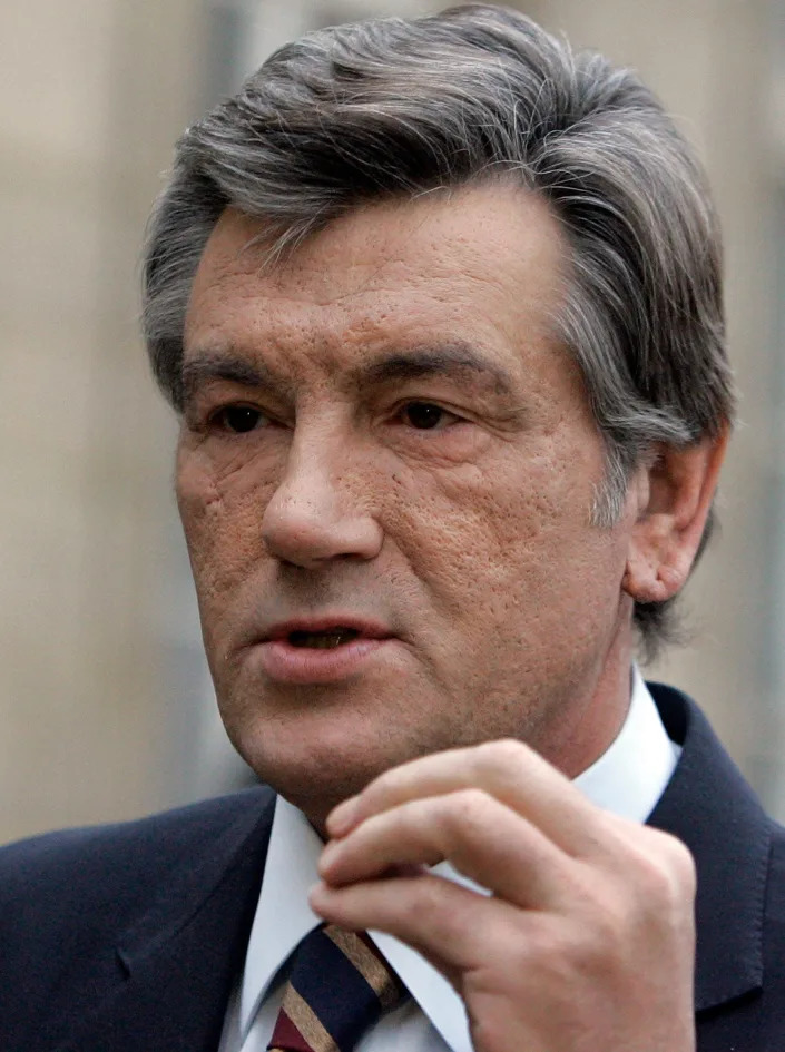 Ukrainian President Viktor Yushchenko speaks to journalists after a meeting with French President Nicolas Sarkozy at the Elysee Palace, in Paris, Wednesday, Feb. 20, 2008.