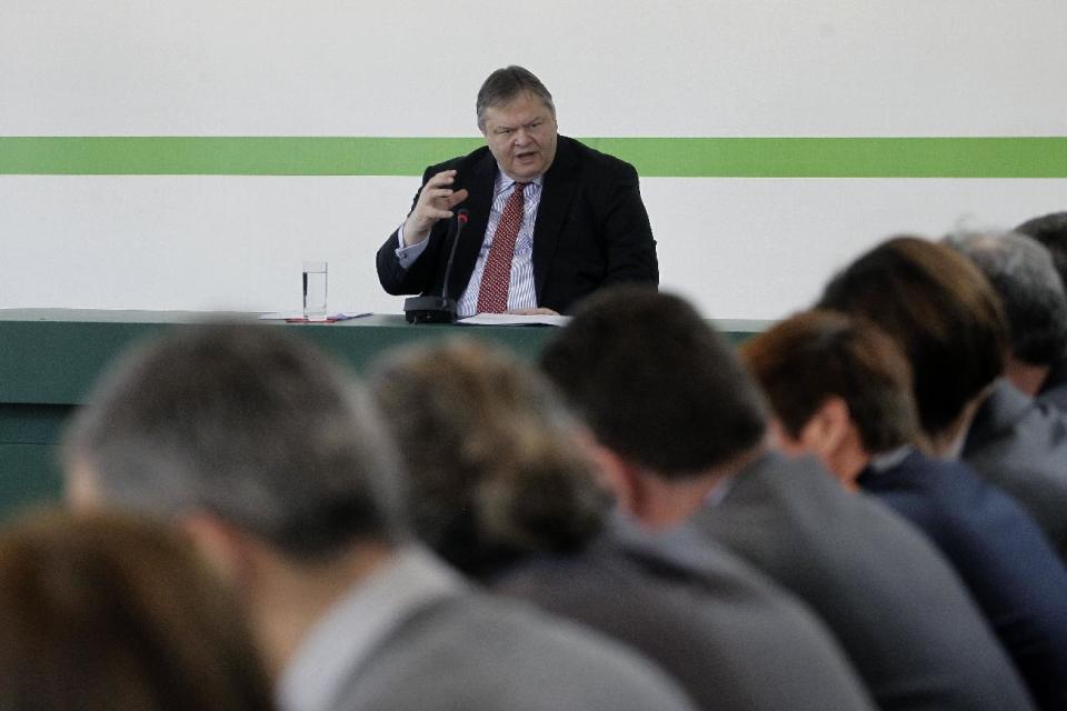 Greek Finance Minister Evangelos Venizelos speaks during a news conference in Athens, on Thursday, March 15, 2012. Venizelos said that he will ensure the country's commitments to international creditors are honored if he is part of the new government after general elections, expected in late April or early May.Venizelos is the only contender for the leadership of the majority socialist PASOK party in a vote this Sunday. Once he takes over the party helm, he will resign as minister to focus on the election campaign. (AP Photo/Petros Giannakouris)