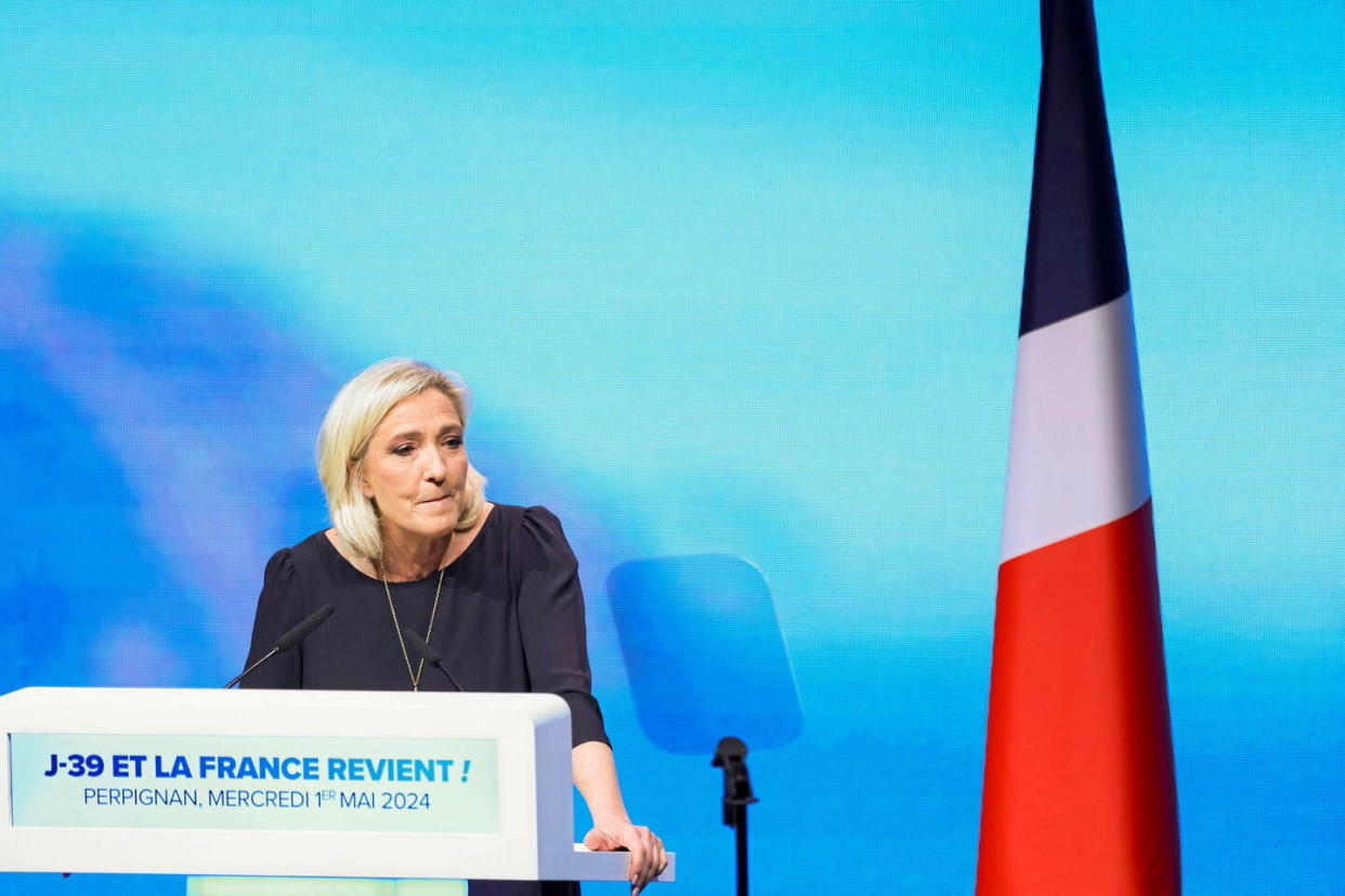 Marine Le Pen lors d'un meeting à Perpignan, le 1er mai 2024.  - Credit:Manon Cruz / REUTERS