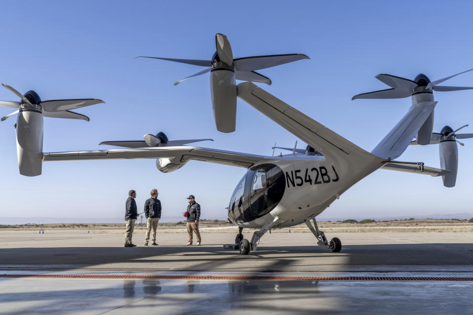 In this 2022 photo provided by Joby Aviation is Joby’s pre-production prototype aircraft at the company’s flight test facility in Marina, Calif. The same Ohio river valley where the Wright brothers pioneered human flight will soon manufacture cutting-edge electric vertical takeoff and landing aircraft. An agreement announced Monday, Sept. 18, 2023, between the state and Joby Aviation Inc. will bring air taxi production to a 140-acre site at Dayton International Airport by 2025. (Eric Adams/Joby Aviation via AP)