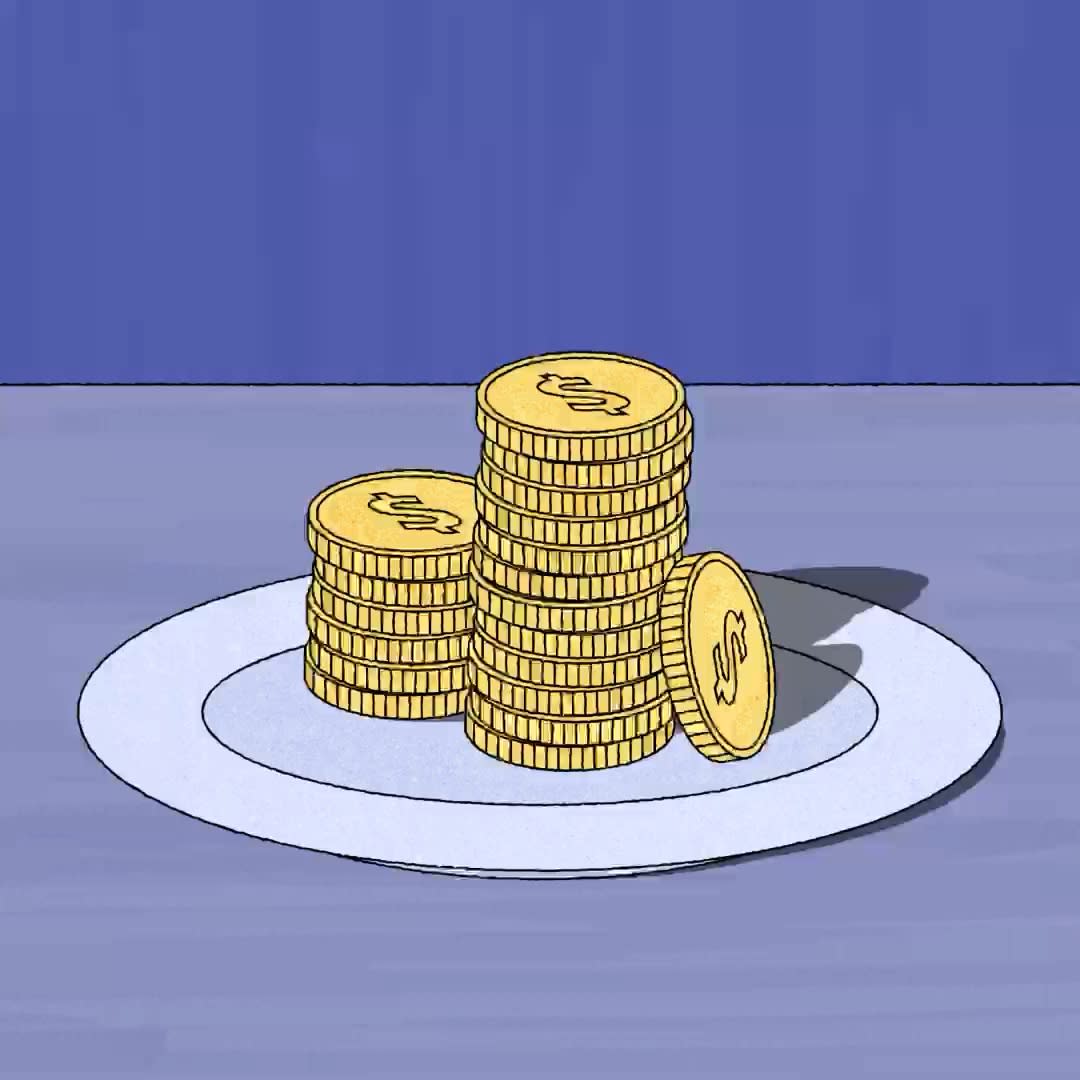 Coins stacked on a plate slowly decreasing in height