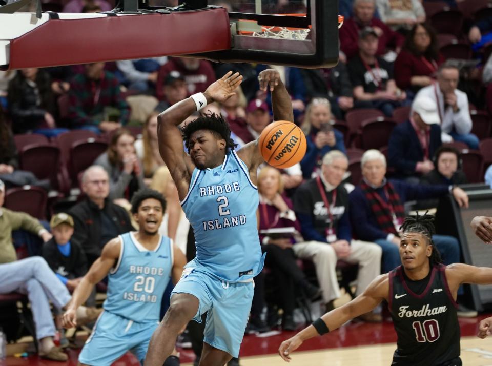 Rhode Island's Jaden House slams home a bucket against Fordham on Saturday in New York. 3/9/24